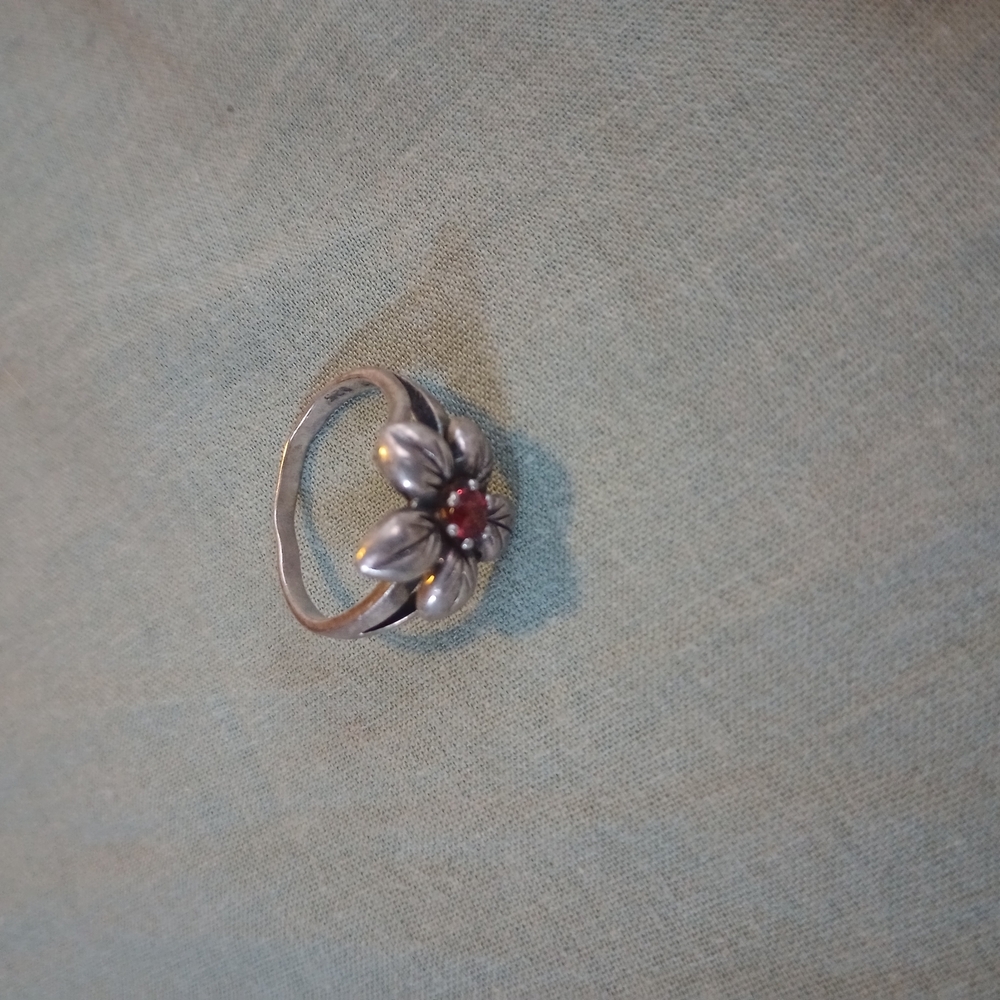 Silver Floral Ring with Red Gemstone
